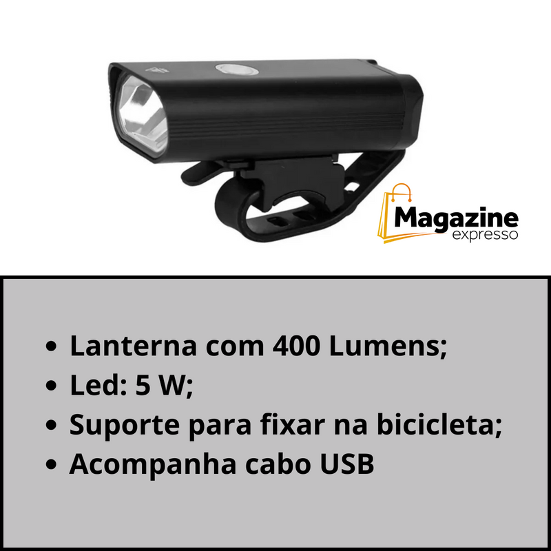 Lanterna Farol Para Bicicleta Lumix Original a Prova d`Àgua 400 Lumens - Lanterna Para Ciclismo USB Lumix
